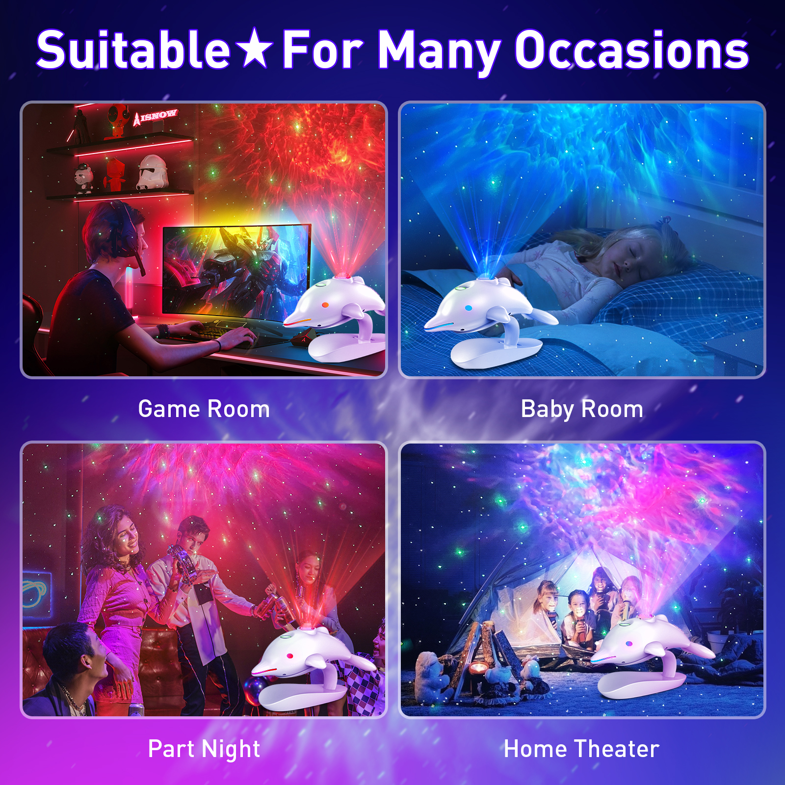 Dolphin LED Galaxy Star Projector, Night Light for Bedroom