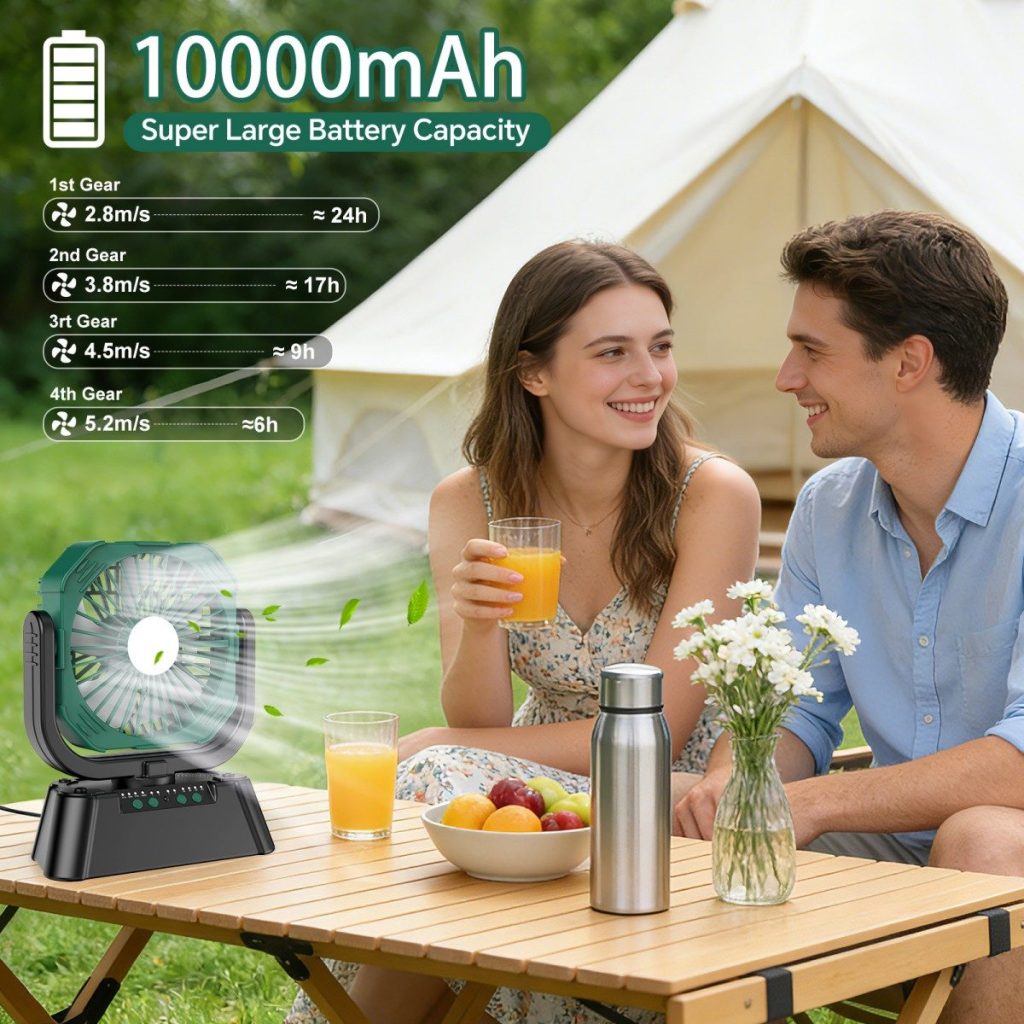 Portable 10000mAh Camping Fan with & LED Light