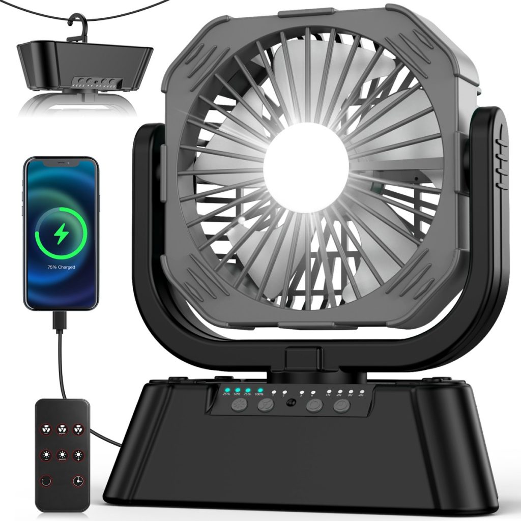 Portable 10000mAh Camping Fan with & LED Light